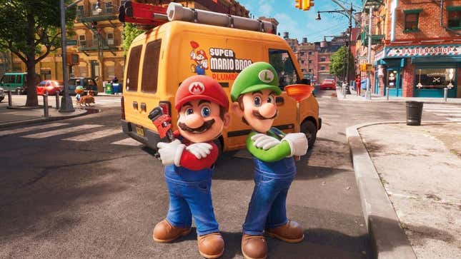 Mario and Luigi stand, arms crossed, in front of their plumbing van on a Brooklyn street in The Super Mario Bros. Movie.