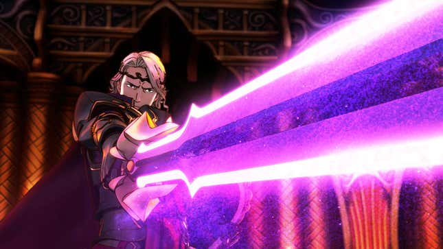 A Fire Emblem Fates image showing a character staring menacingly at someone offscreen with their pointed purple sword.