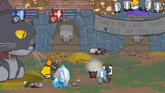 Two Castle Crashers players battle each other in a crowded arena.