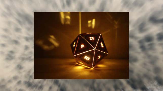 An image shows a lamp shaped like D20 dice.