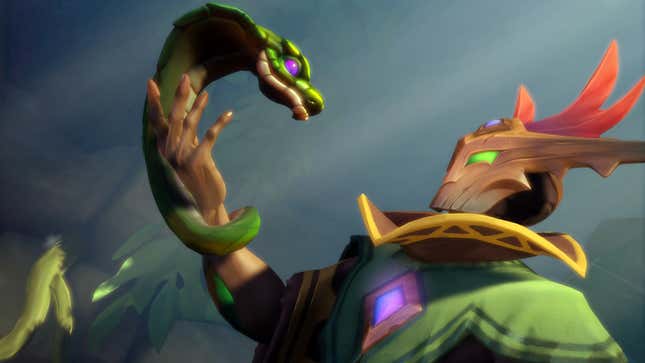 A masked Paladins hero is looking at a snake that wrapped around its right arm.