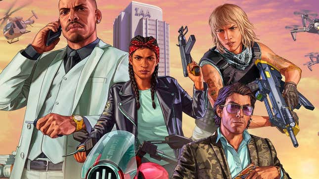 GTA Online characters appear in front of a sunset. 