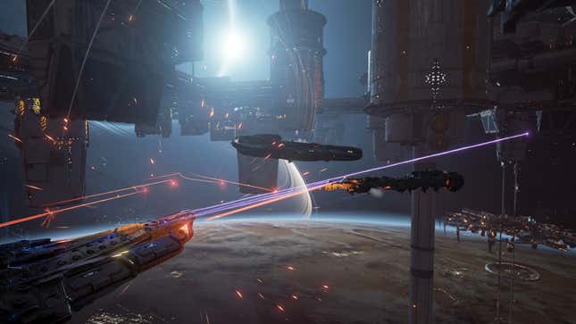 Some spaceships fire lasers at each other in the empty expanse.
