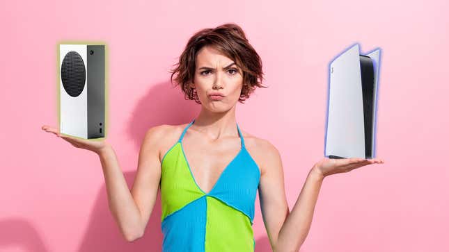 A woman wearing a green and blue dress holds an Xbox Series S in one hand and a PS5 in the other. She has a look on her face like she's contemplating something. 