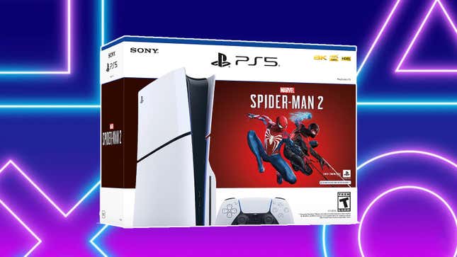 A Spider-Man 2 PS5 bundle sits in front of a neon PlayStation symbols background. 