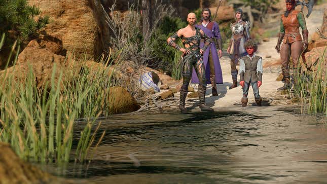 Shep, Gale, Shadowheart, Karlach, and a Tiefling child stand at the edge of a lake.