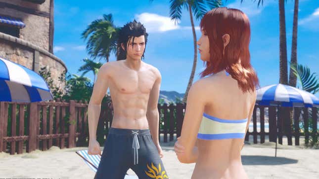 A screenshot of FF7 Crisis Core Remake shows people in bathing suits at the beach.