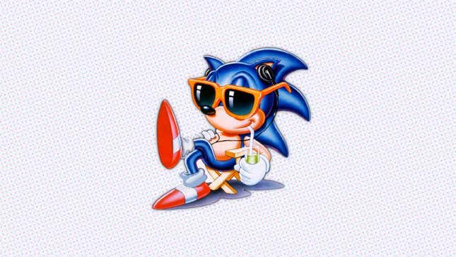 An image shows Sonic chilling in a beach chair by himself. 