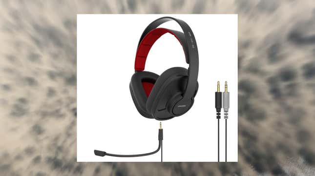 An image shows a black-and-red Koss gaming headset.