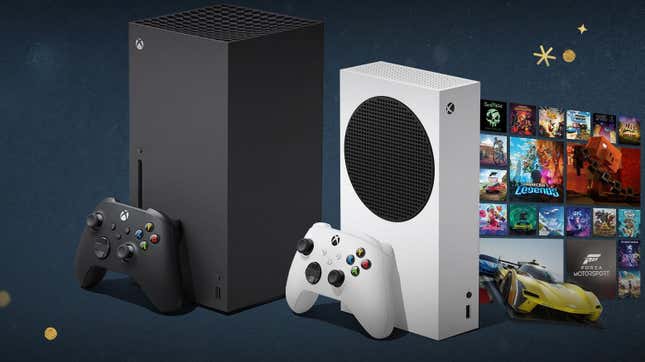 Xbox consoles sit next to a preview of Xbox games. 