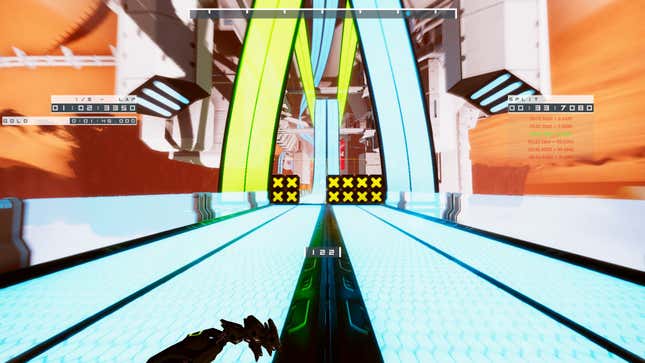 A mech in SRC: Sprint Robot Championship is sprinting down a neon highway, with an obstacle placed just ahead of them.