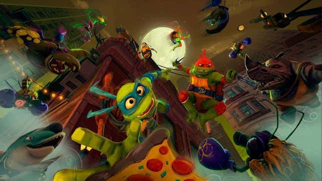 TMNT screenshot shows the turtles dive off a rooftop toward a pizza.